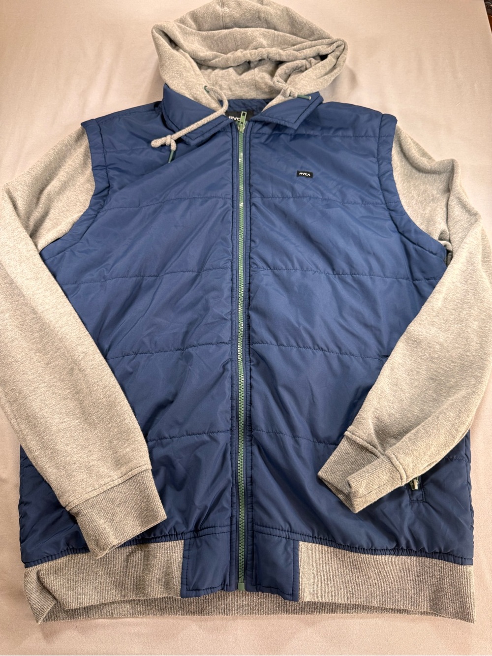 RVCA Men’s Hooded Puffer Vest Jacket Blue Gray Full Zip Size Large